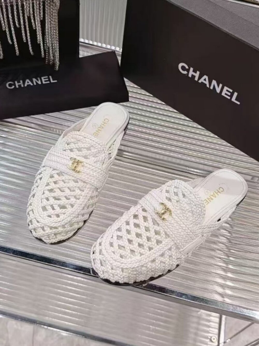 CHANEL White Woven CC Logo Slip‑On Mule Loafers